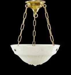 Victorian Ornate Milk Glass Dish Polished Brass Chain Pendant Light