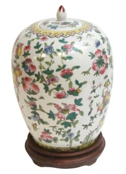 Ceramic Asian Vase With Wooden Base