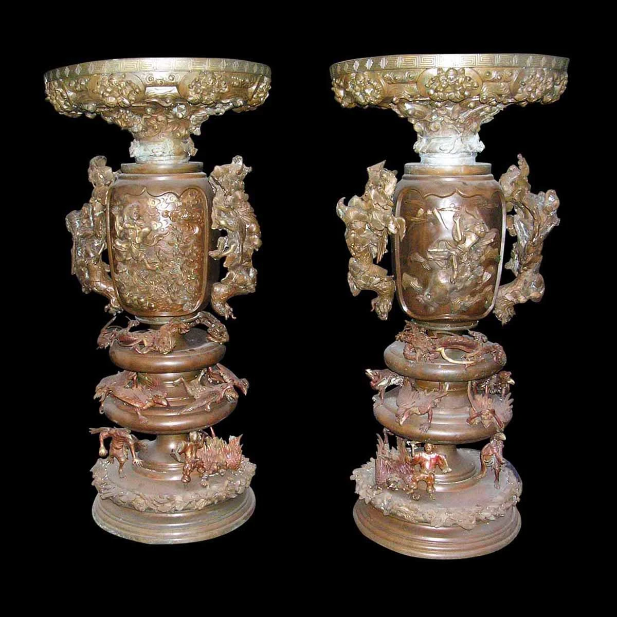 Pair Of Highly Ornate Bronze Japanese Urns 3 Pair Of Highly Ornate Bronze Japanese Urns