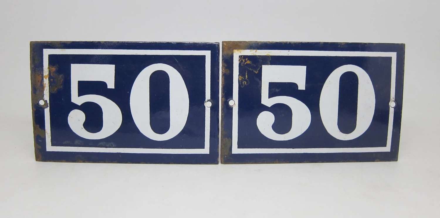Blue & White Enamel Number 50 Sign 3 Blue & White Enamel Number 50 Sign