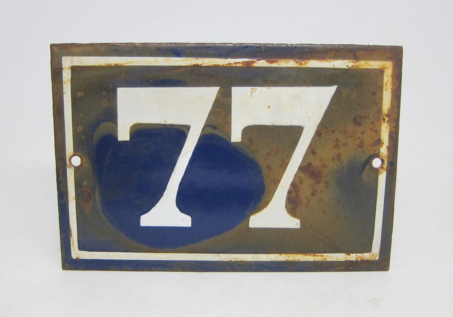 Blue & White Enamel Number 77 Sign 3 Blue & White Enamel Number 77 Sign