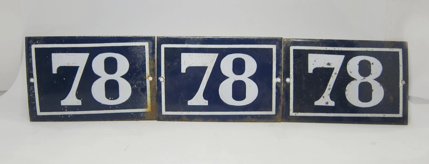 Blue & White Enamel Number 78 Sign 3 Blue & White Enamel Number 78 Sign
