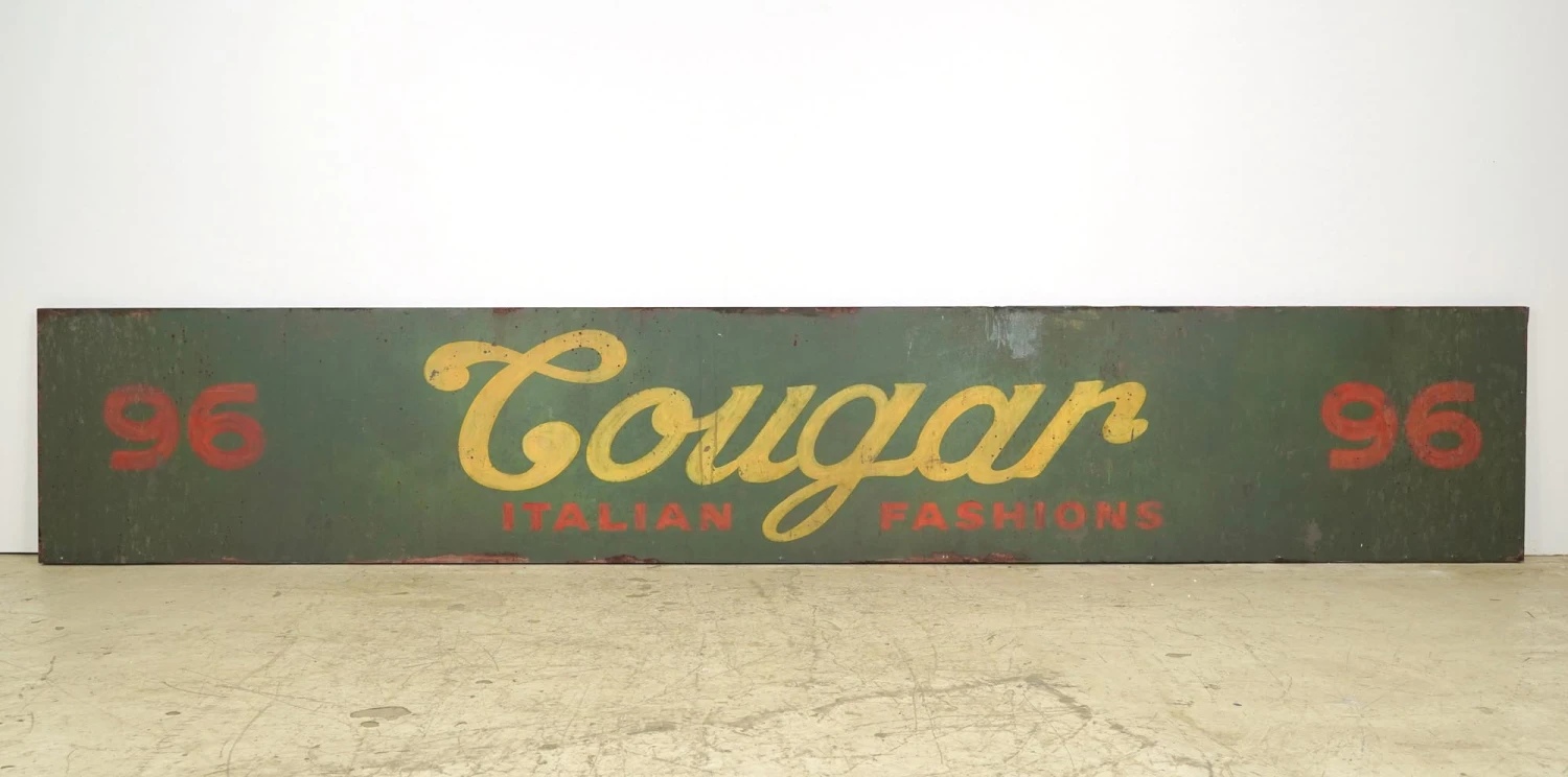 Reclaimed 128.375 In. Cougar Italian Fashions Aluminum Movie Prop Sign 3 Reclaimed 128.375 In. Cougar Italian Fashions Aluminum Movie Prop Sign