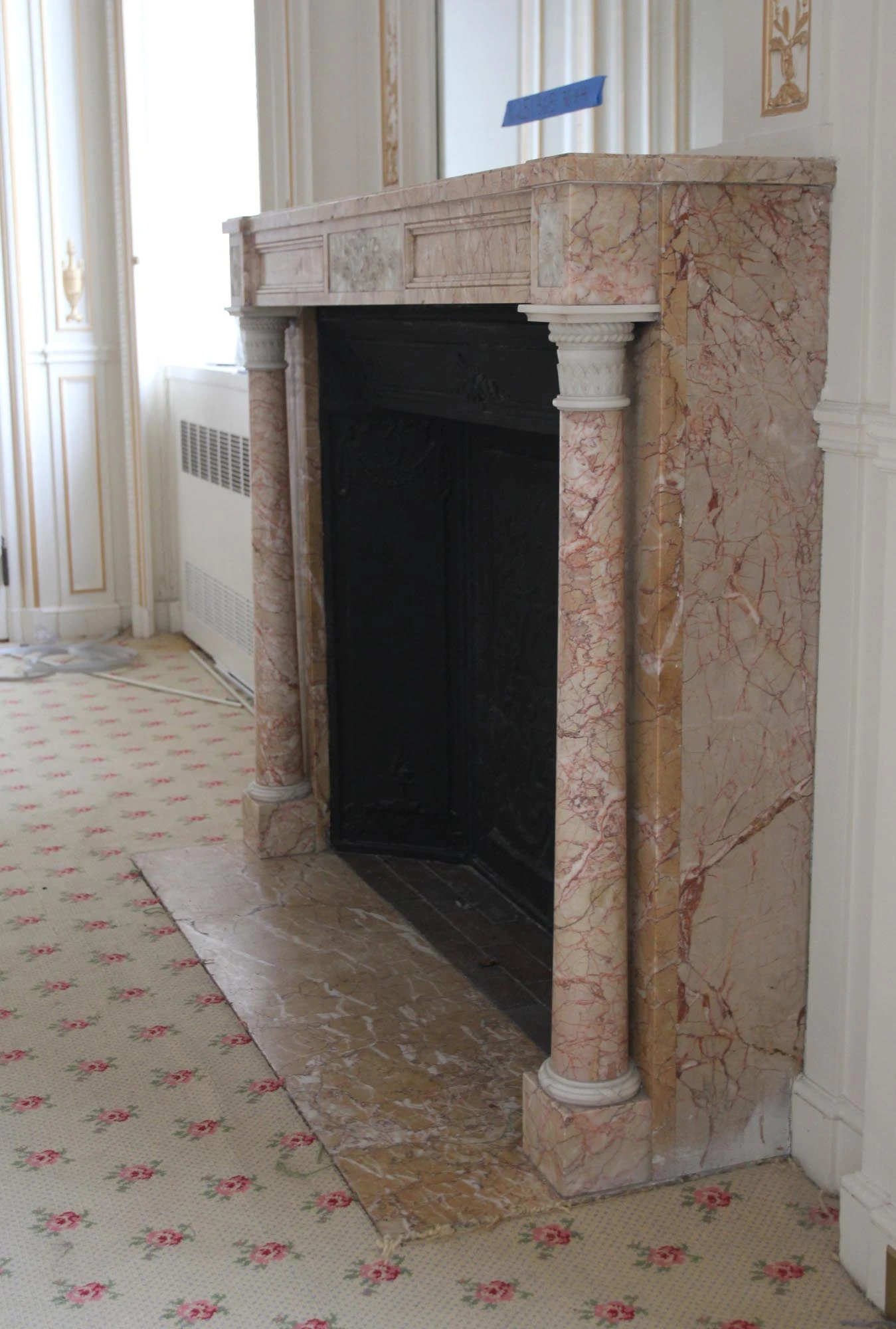 Waldorf Astoria Tan & Pink Marble Mantel With Floral Carvings 5 Waldorf Astoria Tan & Pink Marble Mantel With Floral Carvings - Image 3