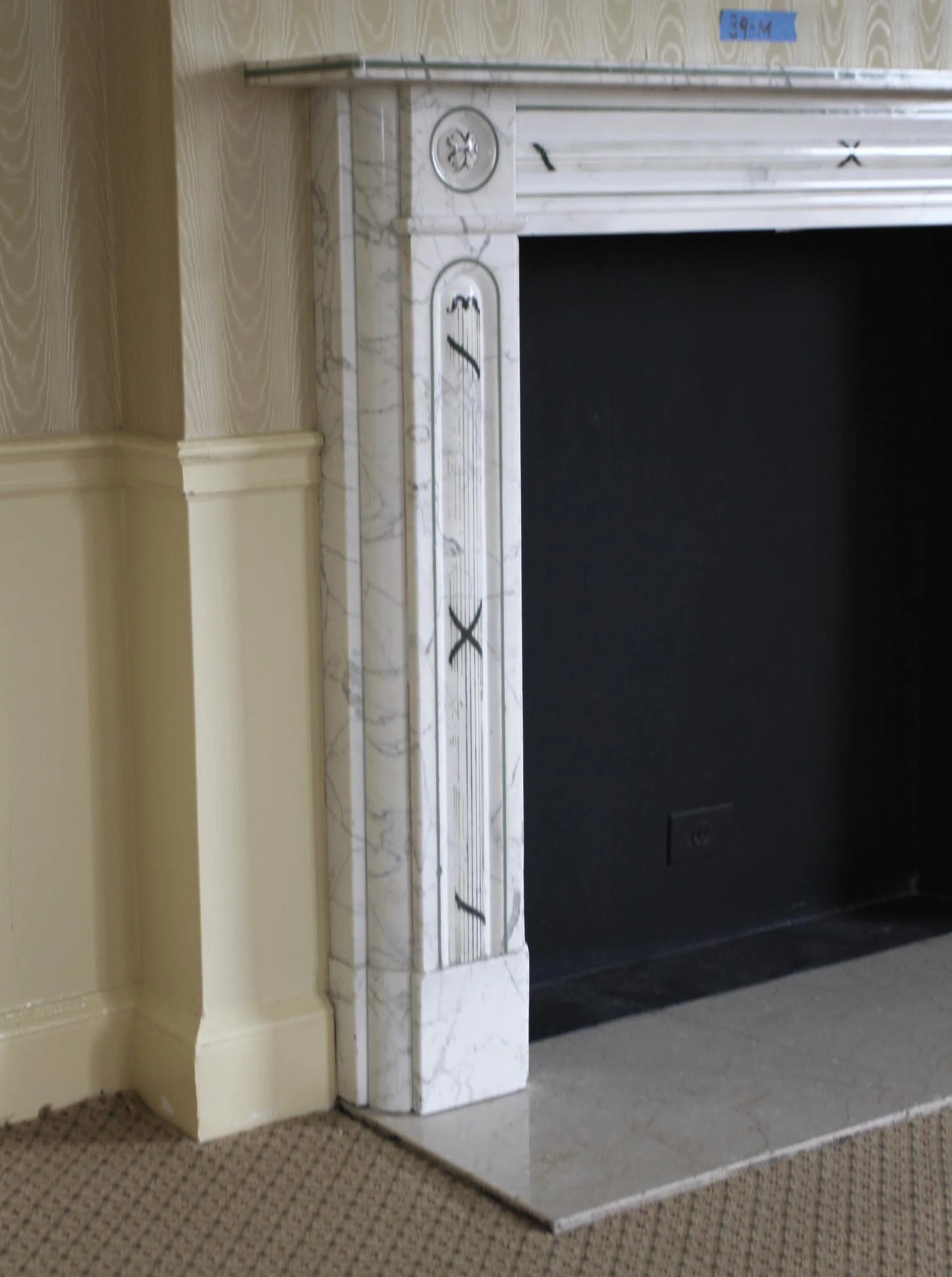 Waldorf Astoria White Marble Mantel With Bulls Eye Motif 5 Waldorf Astoria White Marble Mantel With Bulls Eye Motif - Image 3