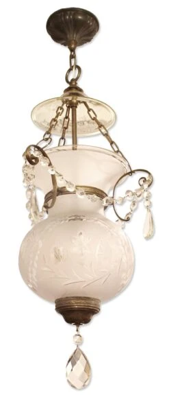 1930s Traditional Etched Glass & Crystal Bell Jar Lantern