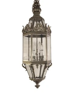 Antique Cast Bronze And Beveled Glass Ceiling Lantern