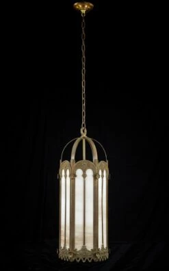 Antique Gothic Cast Iron & Stained Glass Pendant Light