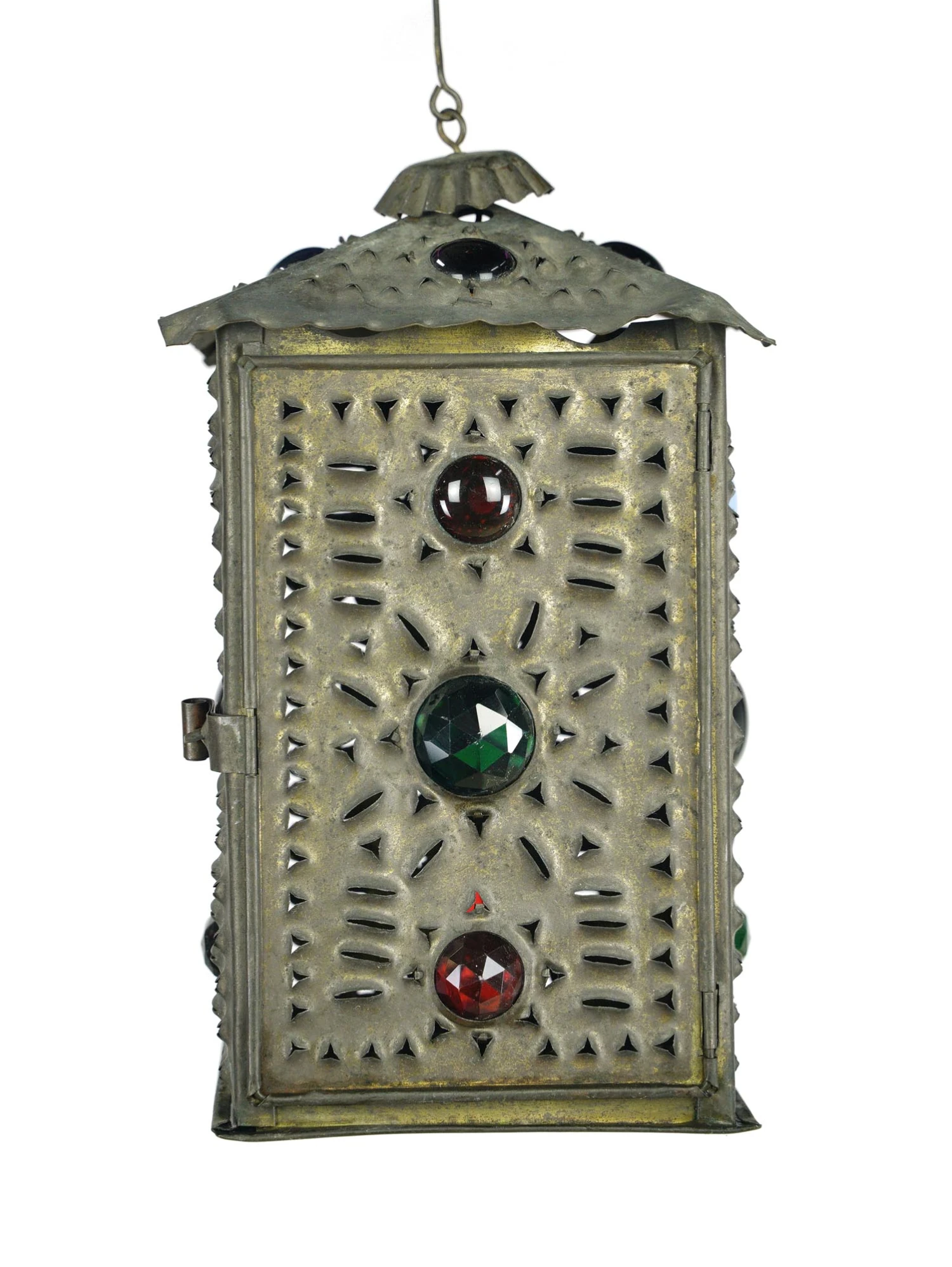Antique Jeweled Punched Brass Candle Light Lantern 3 Antique Jeweled Punched Brass Candle Light Lantern