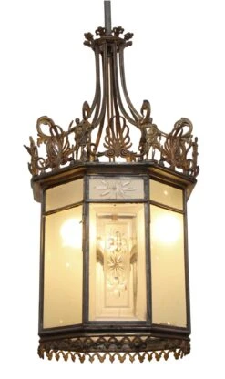 Antique Neoclassical Bronze & Etched Glass Ceiling Lantern