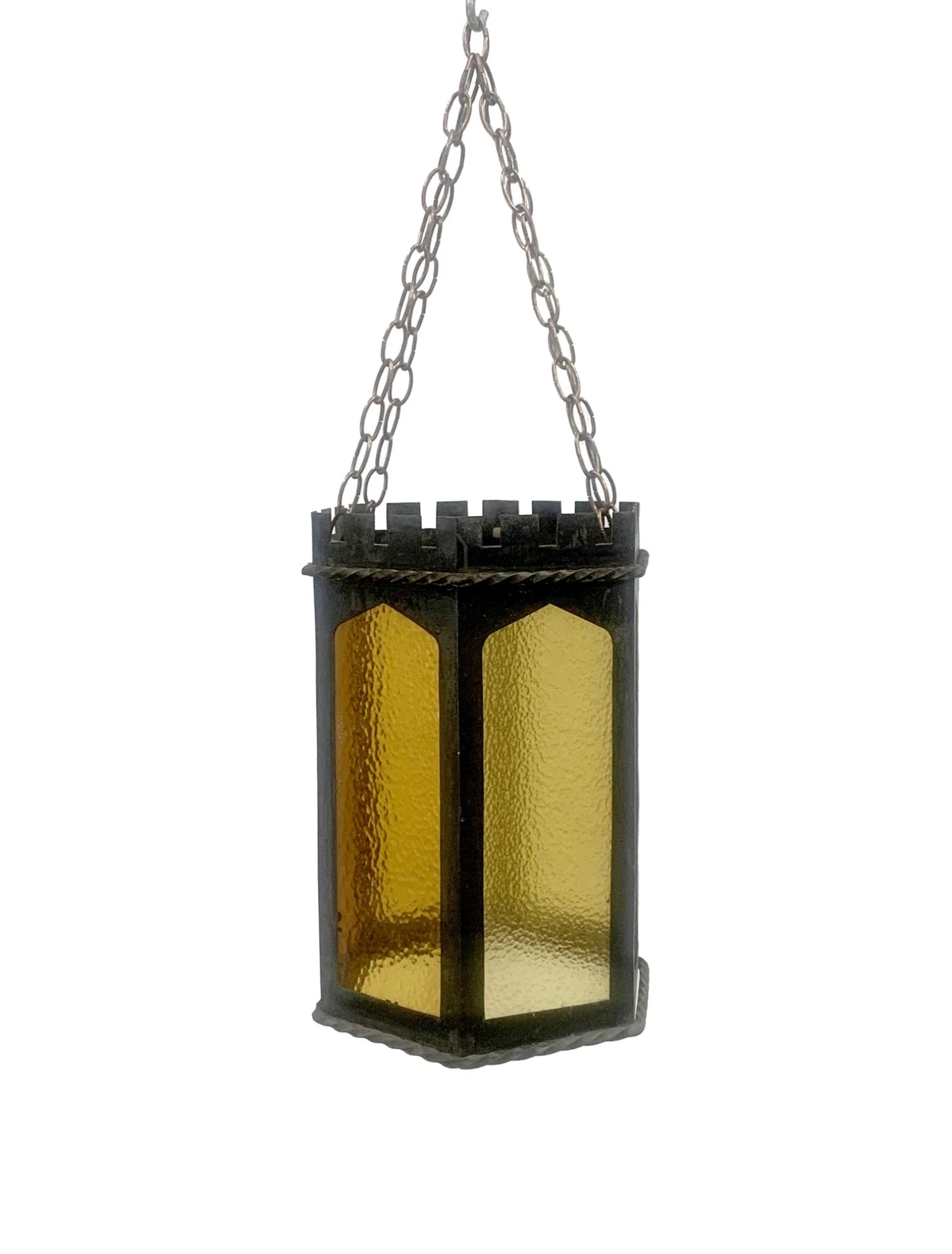 Arts & Crafts Amber Glass & Wrought Iron Lantern Light 3 Arts & Crafts Amber Glass & Wrought Iron Lantern Light