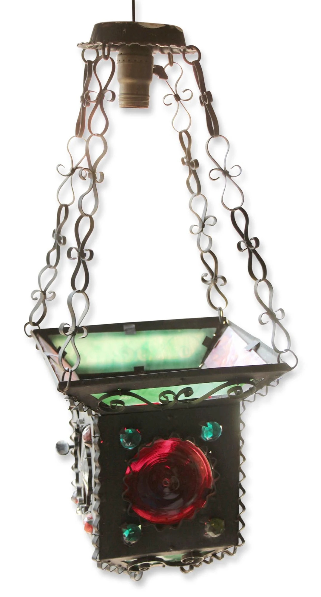 Arts & Crafts Colorful Stained Red & Green Glass & Jeweled Hanging Lantern 3 Arts & Crafts Colorful Stained Red & Green Glass & Jeweled Hanging Lantern