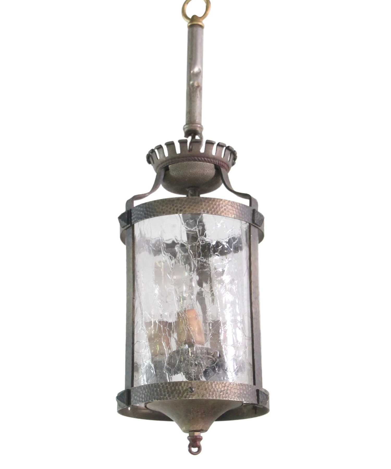 Arts & Crafts Hammered Brass Crackled Glass Lantern 3 Arts & Crafts Hammered Brass Crackled Glass Lantern