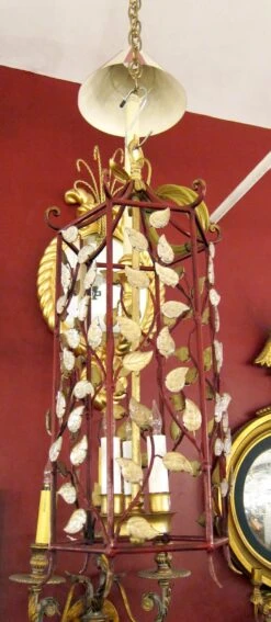 Deep Red & Gold Open Lantern With Crystal Leaves