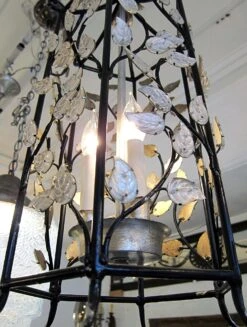 Contemporary Black Wrought Iron Open Frame Lantern With Crystal Leaves 7 Contemporary Black Wrought Iron Open Frame Lantern With Crystal Leaves -OGT Sale Store wall ceiling lanterns chr21521