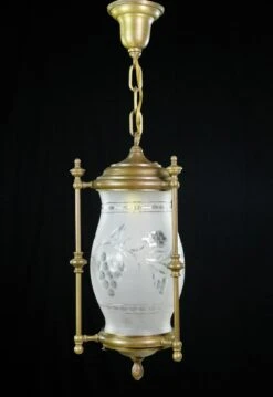 Colonial Frosted Etched Grapes Glass Brass Hanging Lantern