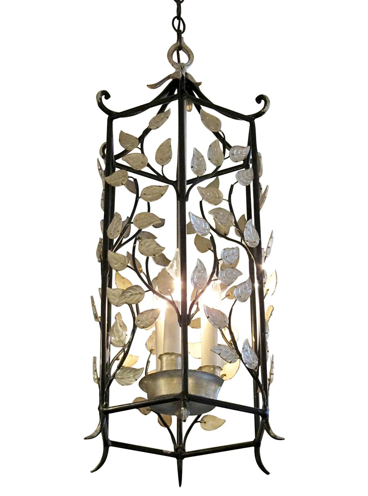 Contemporary Black Wrought Iron Open Frame Lantern With Crystal Leaves 3 Contemporary Black Wrought Iron Open Frame Lantern With Crystal Leaves