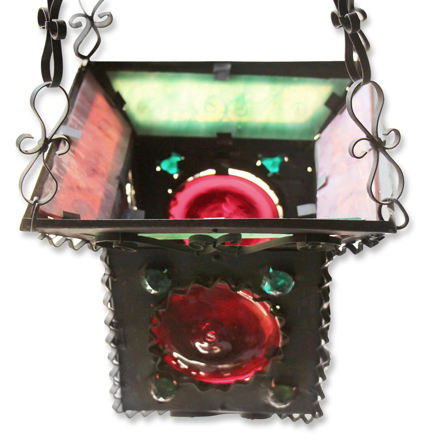 Arts & Crafts Colorful Stained Red & Green Glass & Jeweled Hanging Lantern 5 Arts & Crafts Colorful Stained Red & Green Glass & Jeweled Hanging Lantern - Image 3