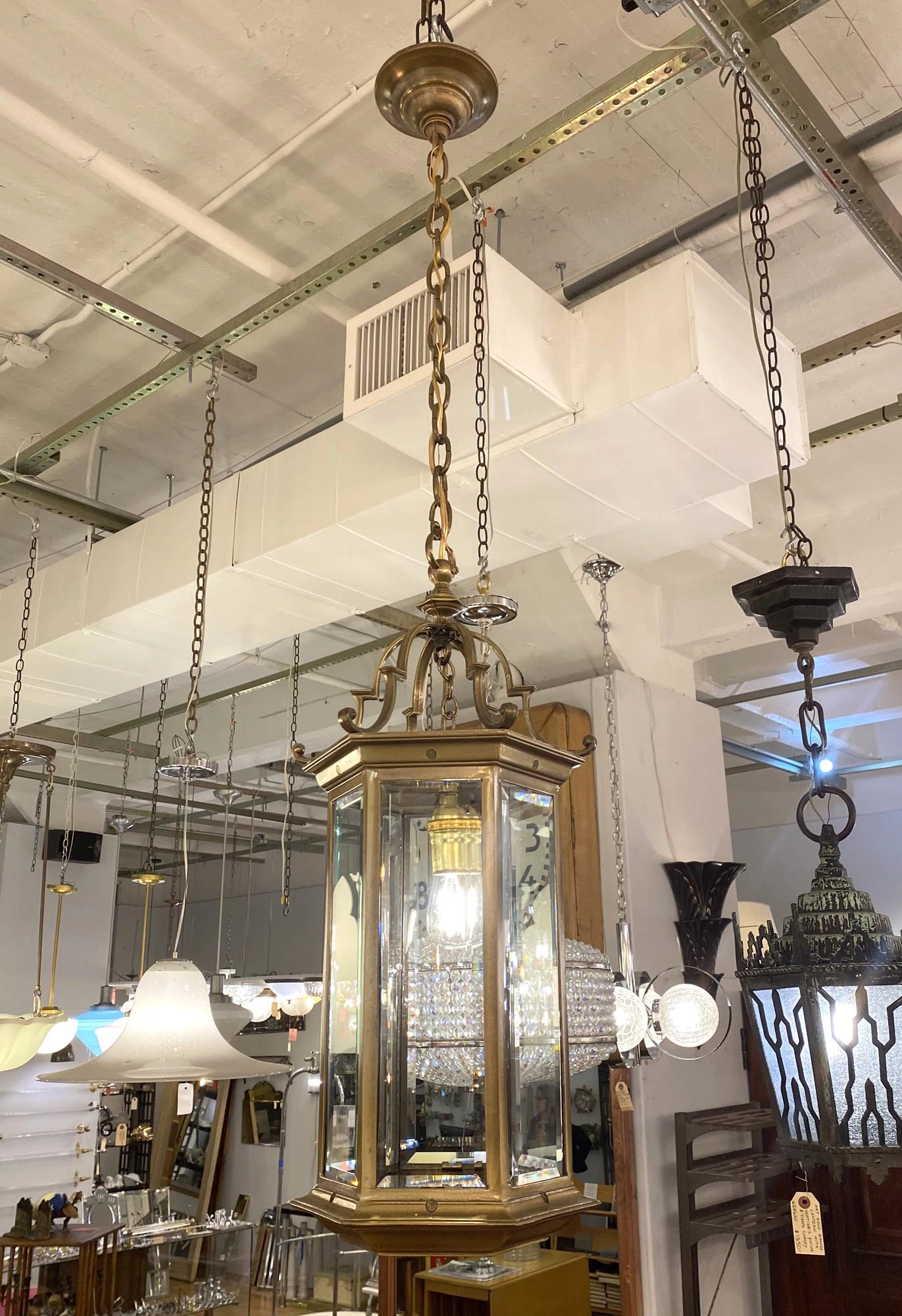 Traditional Cast Bronze Hexagon Beveled Glass Ceiling Lantern 5 Traditional Cast Bronze Hexagon Beveled Glass Ceiling Lantern - Image 3