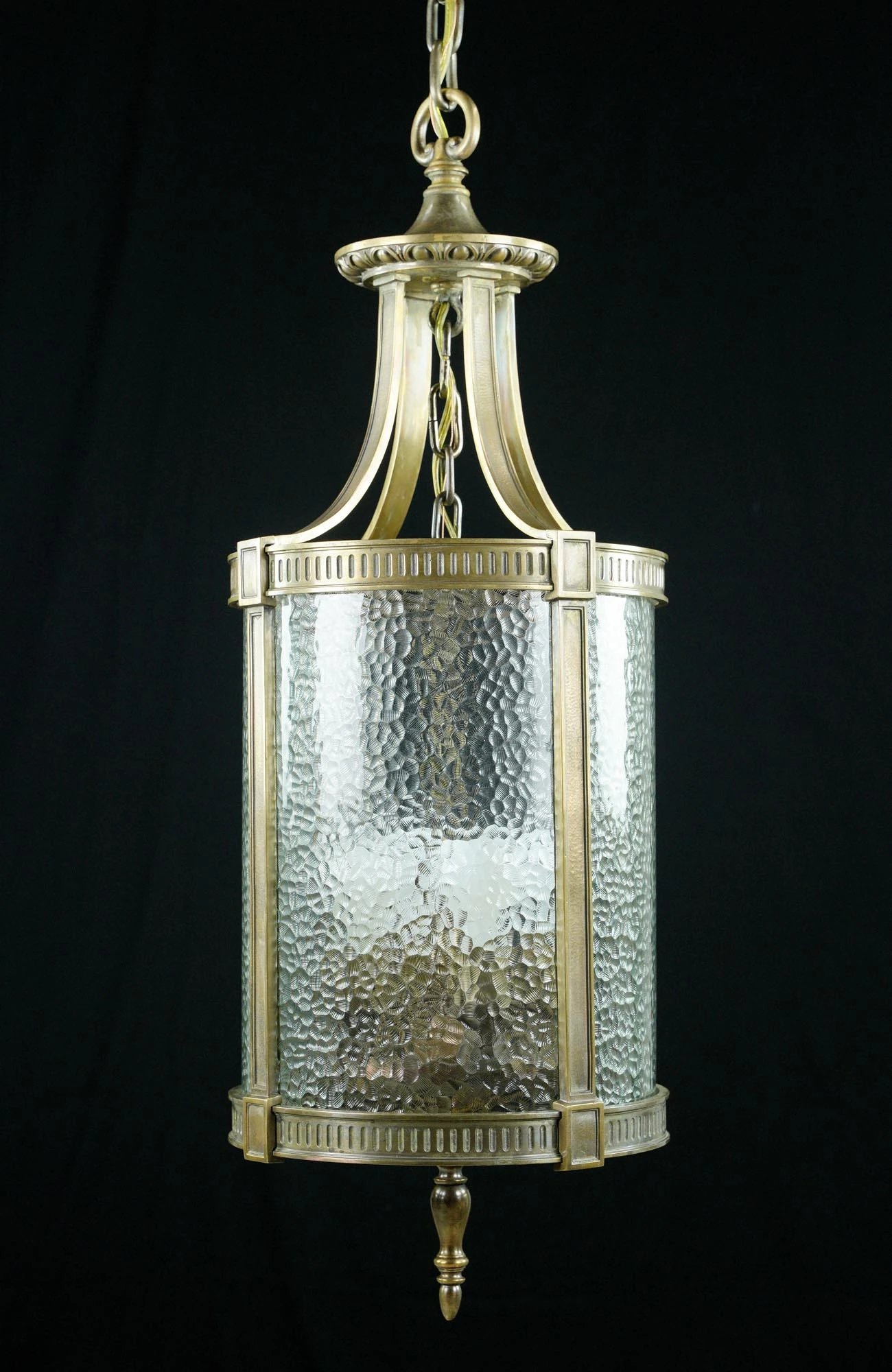 1940s Federal Bronze Clear Pebbled Glass Hanging Lantern 5 1940s Federal Bronze Clear Pebbled Glass Hanging Lantern - Image 3