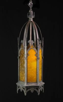 Hammered Iron Gothic Amber Stained Glass Ceiling Lantern