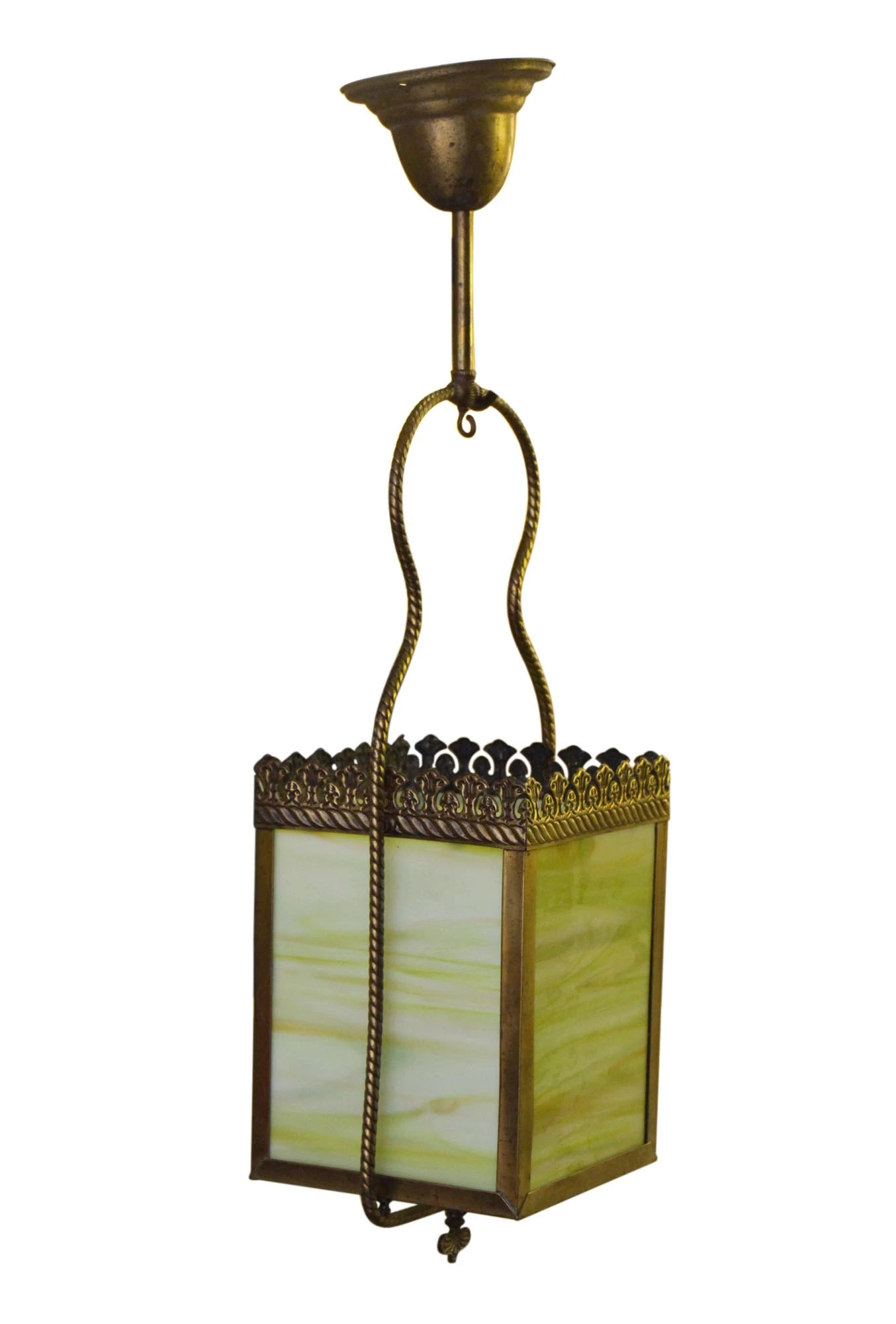 Vintage Green Slag Glass Brass Ceiling Lantern 4 Vintage Green Slag Glass Brass Ceiling Lantern - Image 2