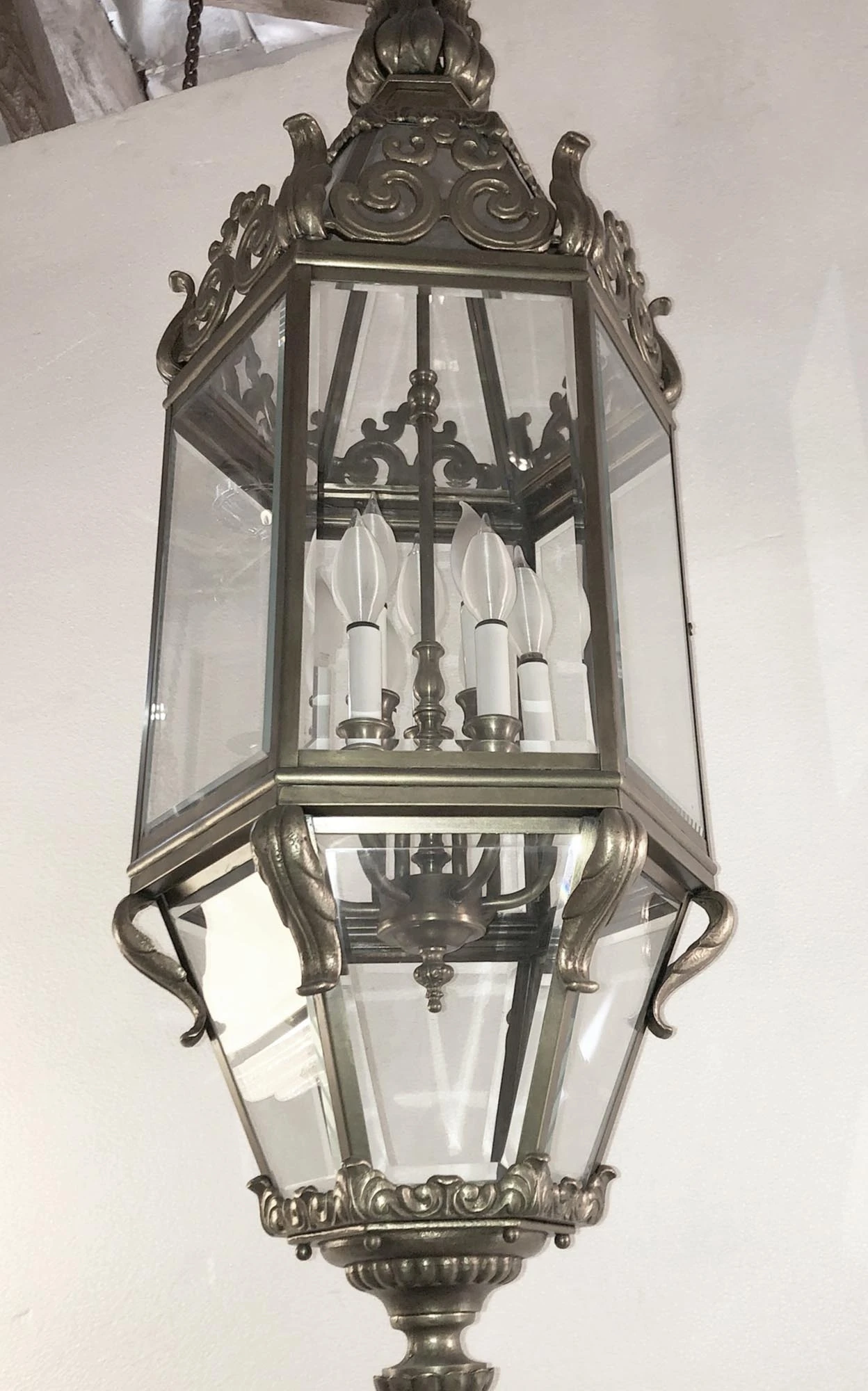 Antique Cast Bronze And Beveled Glass Ceiling Lantern 4 Antique Cast Bronze And Beveled Glass Ceiling Lantern - Image 2