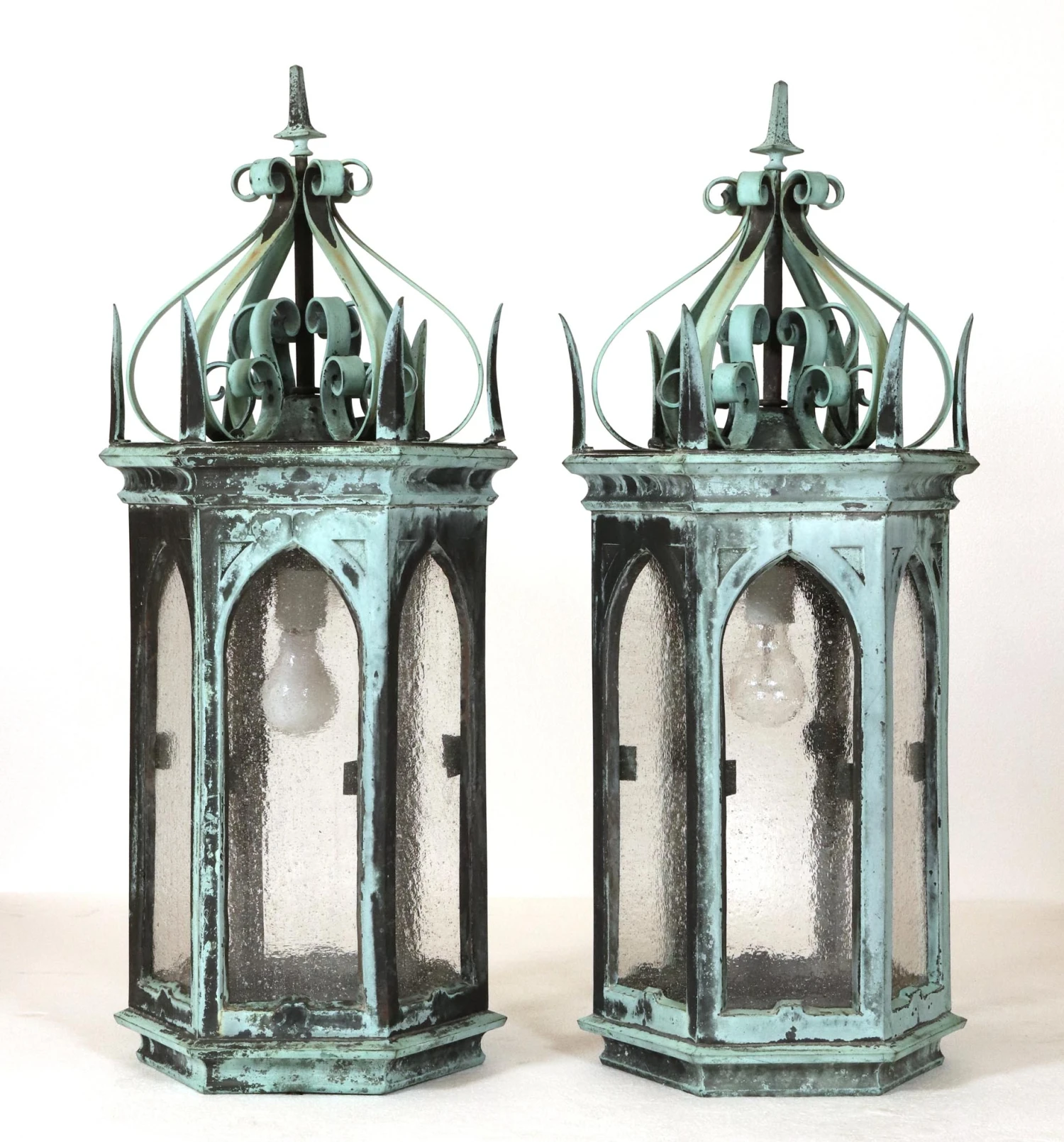 Pair Of 19th Century Gothic Bronze Verdigris Lantern Sconces 3 Pair Of 19th Century Gothic Bronze Verdigris Lantern Sconces