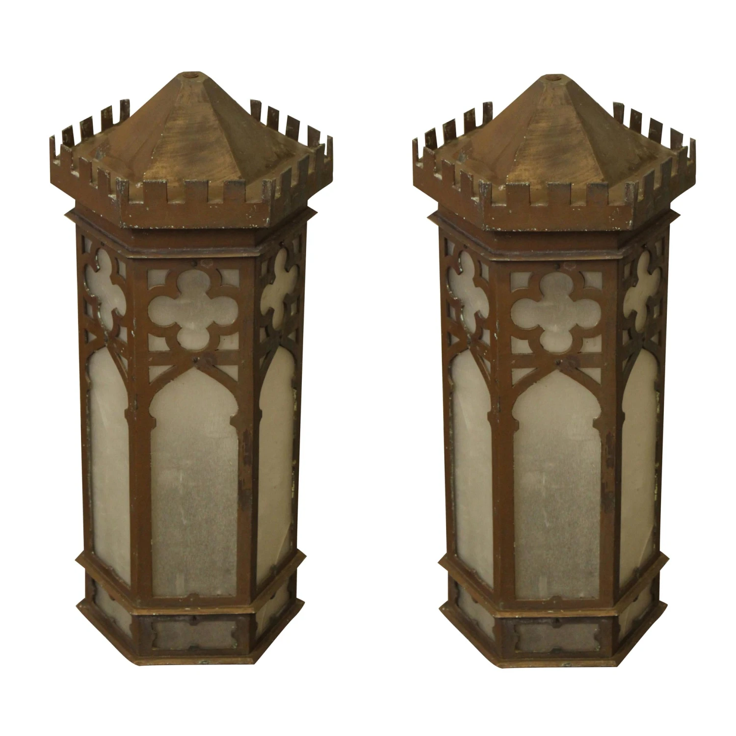 Pair Of Antique 32 In. Gothic Bronze Wall Lanterns 3 Pair Of Antique 32 In. Gothic Bronze Wall Lanterns
