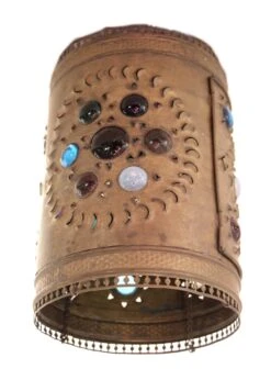 Primitive American Punched Tin Colored Jewels Lantern Pendant