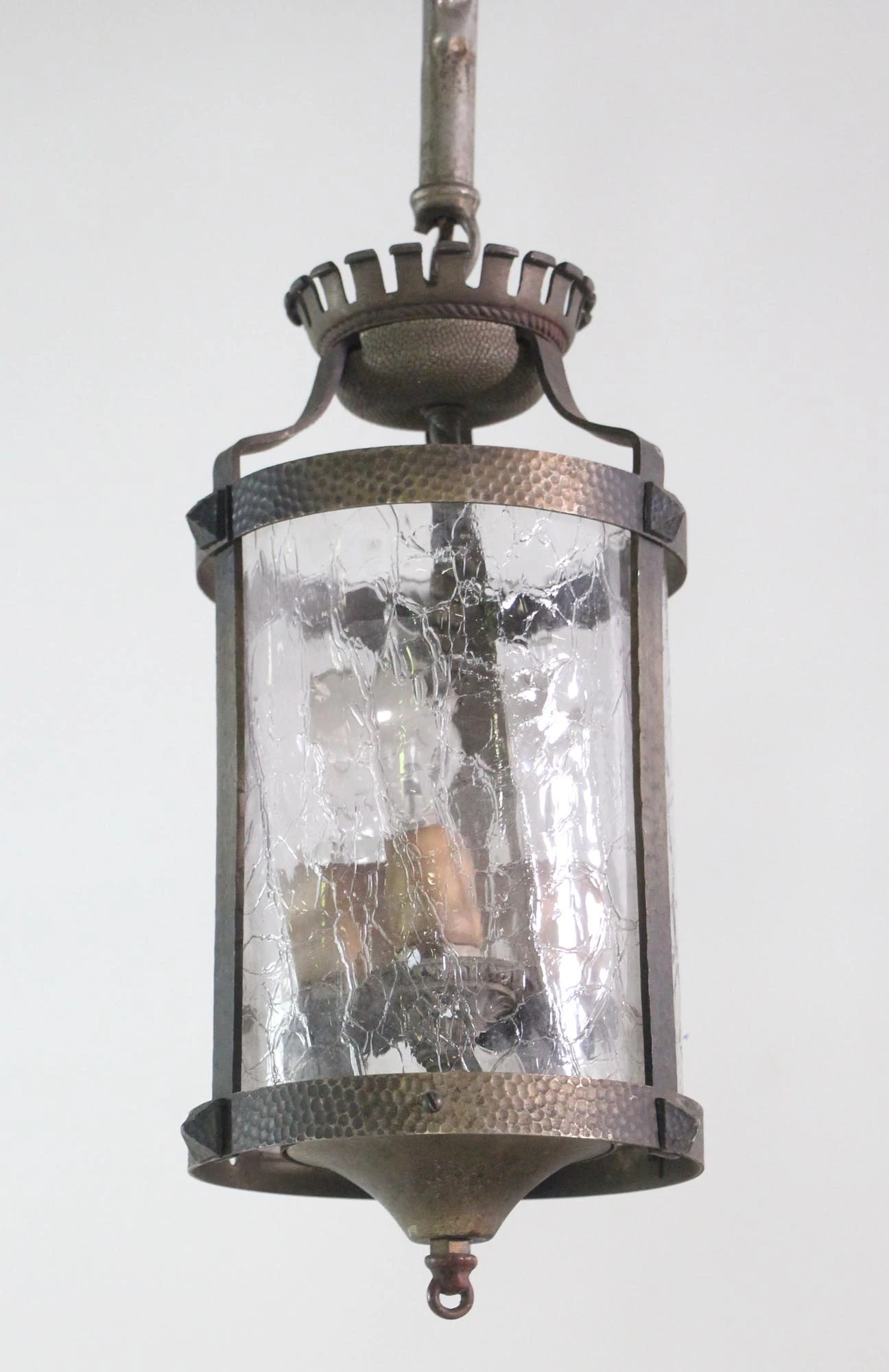 Arts & Crafts Hammered Brass Crackled Glass Lantern 4 Arts & Crafts Hammered Brass Crackled Glass Lantern - Image 2