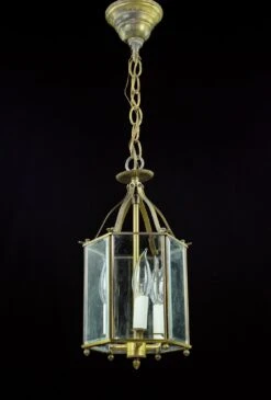 Vintage 3 Light Brass & Clear Glass Panel Pendant Light Lantern -OGT Sale Store wall ceiling lanterns q283084