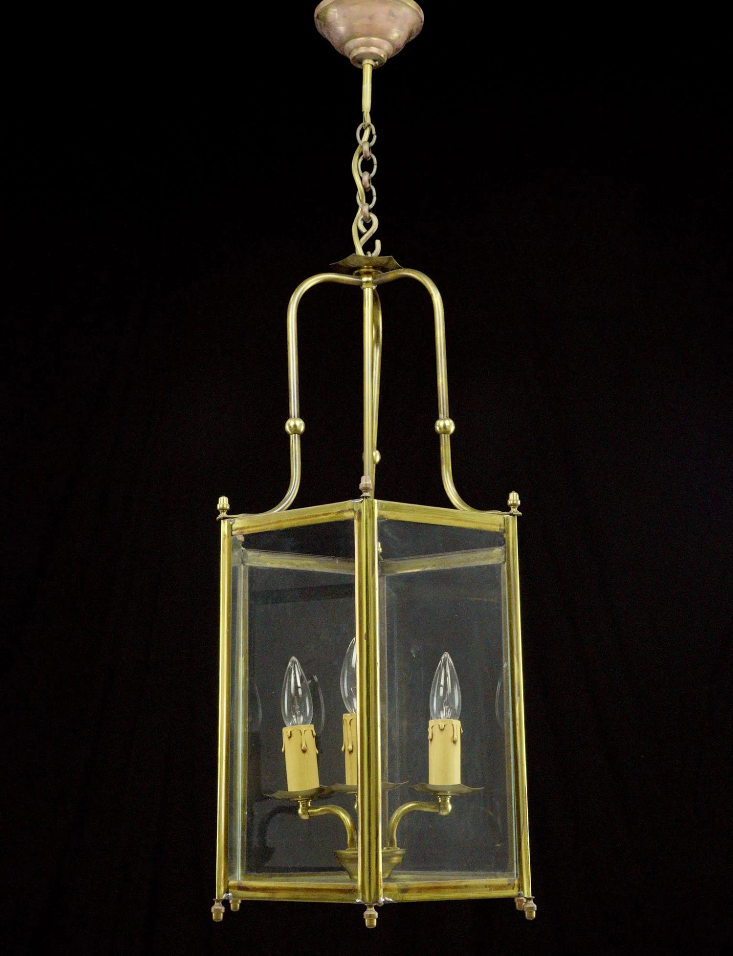 Traditional 3 Arm Brass & Glass Hexagonal Lantern Pendant Light 4 Traditional 3 Arm Brass & Glass Hexagonal Lantern Pendant Light - Image 2