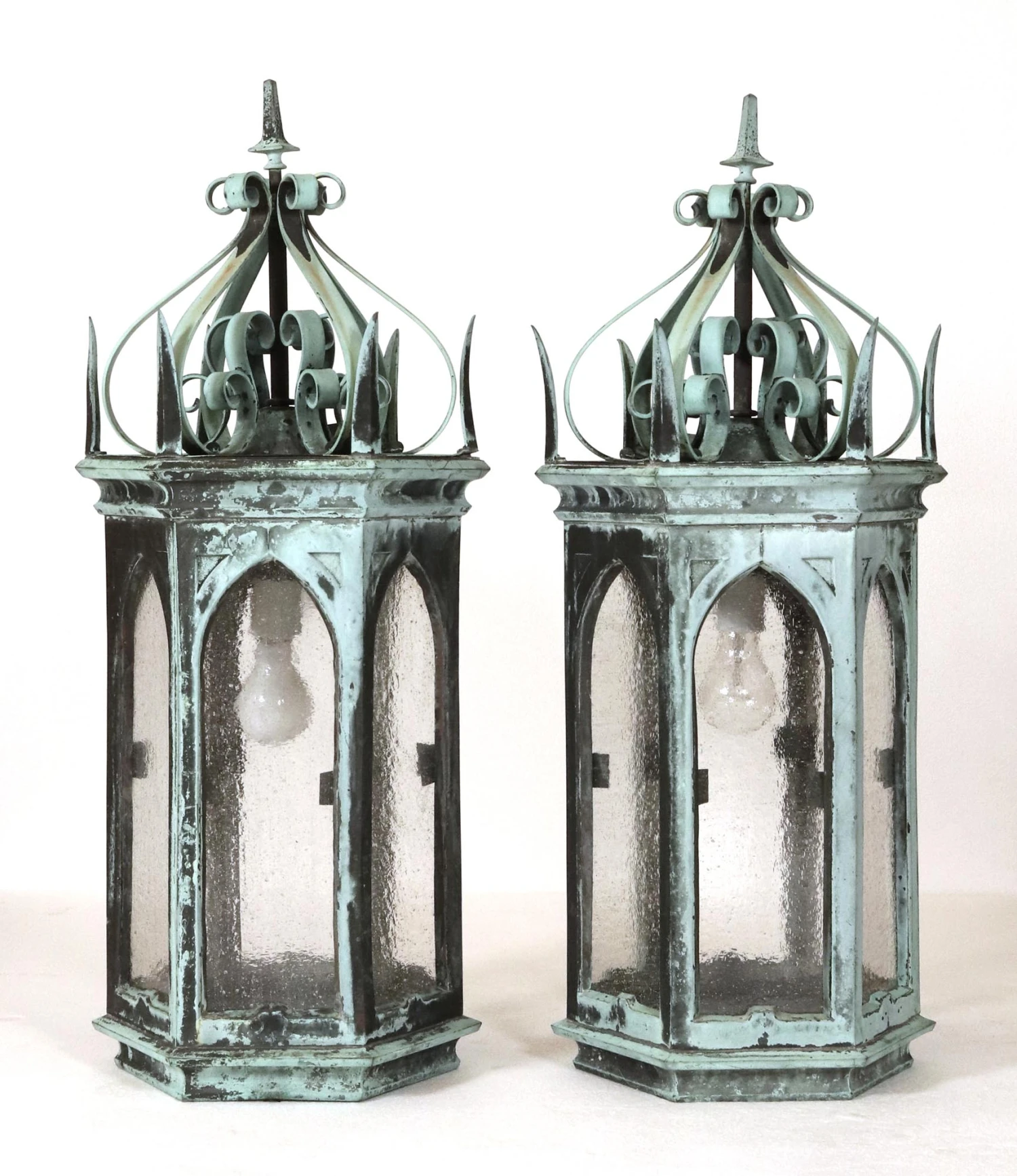 Pair Of 19th Century Gothic Bronze Verdigris Lantern Sconces 4 Pair Of 19th Century Gothic Bronze Verdigris Lantern Sconces - Image 2