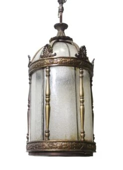 Restored Antique Bronze & Textured Glass Cylindrical Hanging Lantern