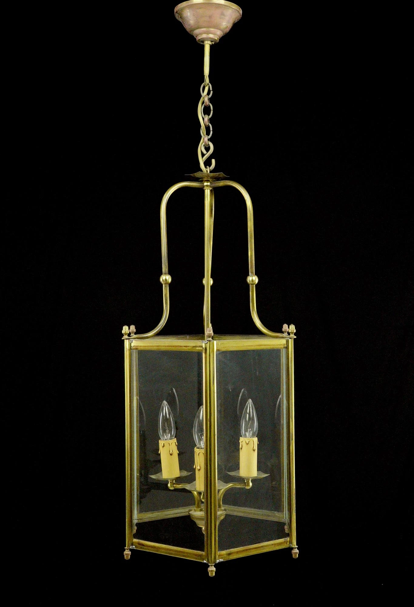 Traditional 3 Arm Brass & Glass Hexagonal Lantern Pendant Light 3 Traditional 3 Arm Brass & Glass Hexagonal Lantern Pendant Light