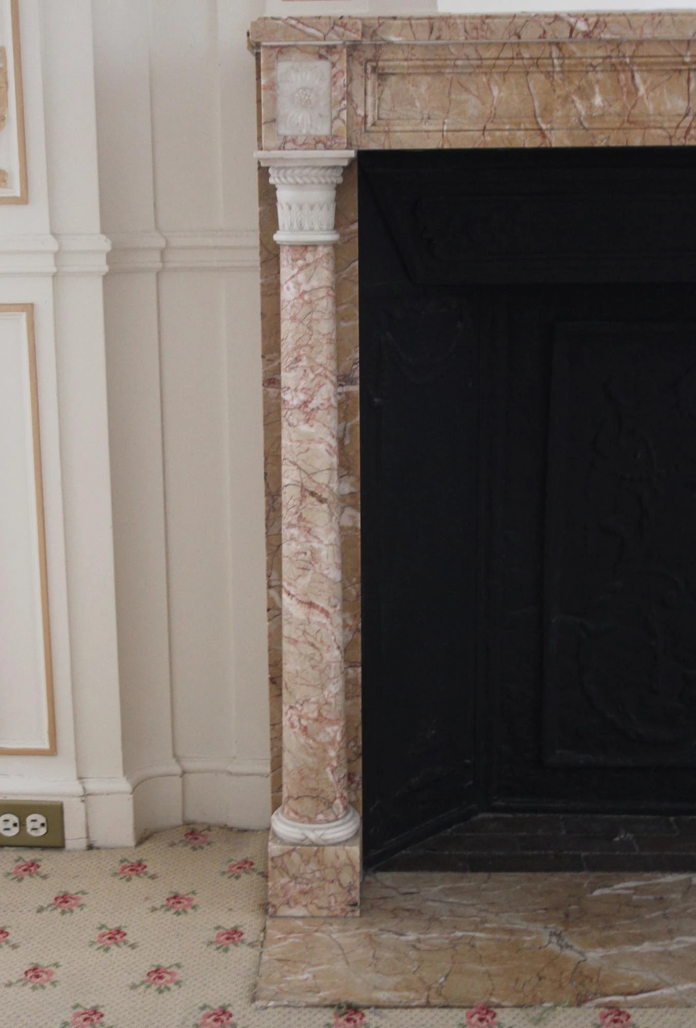 Waldorf Astoria Tan & Pink Marble Mantel With Floral Carvings 6 Waldorf Astoria Tan & Pink Marble Mantel With Floral Carvings - Image 4