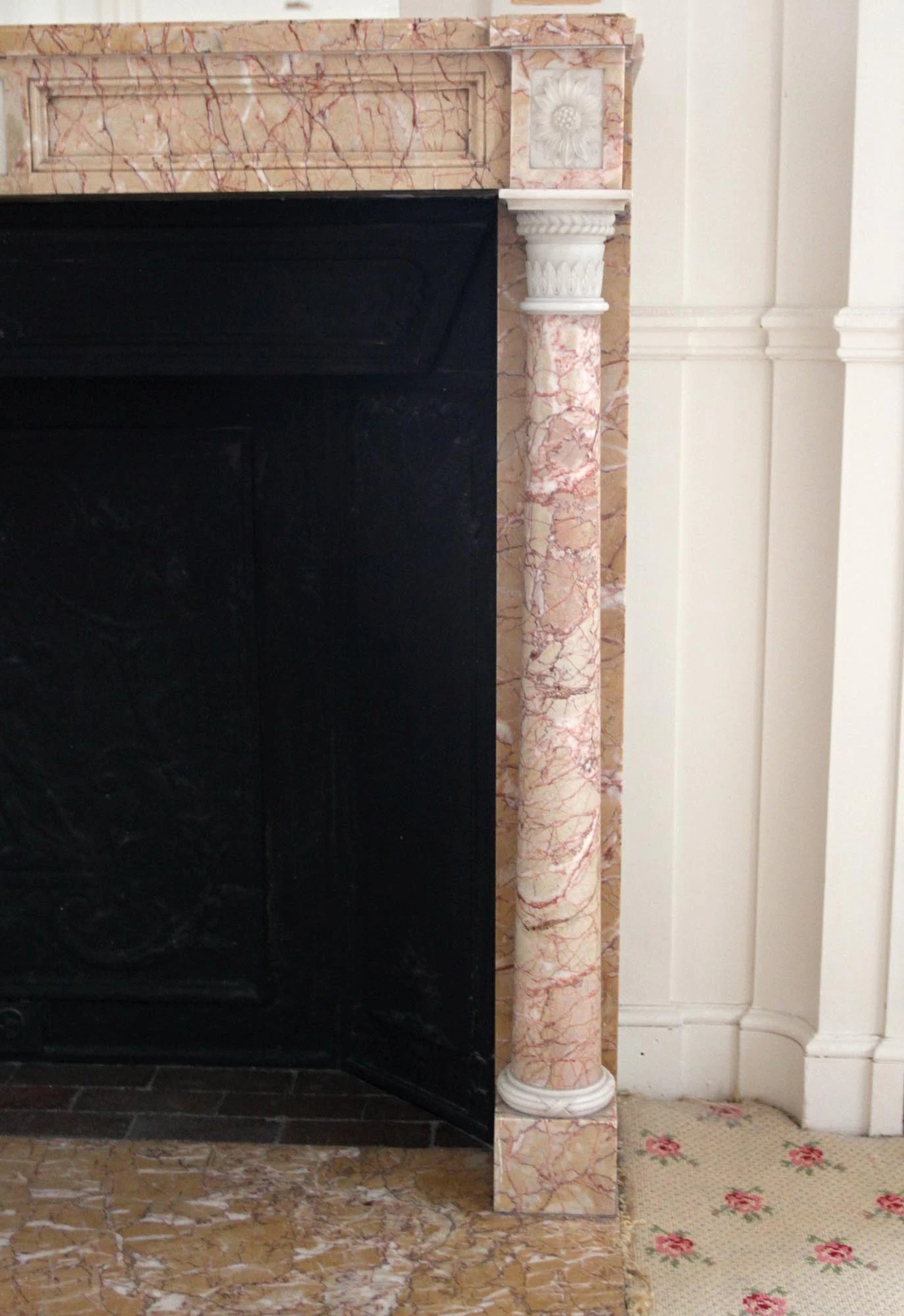 Waldorf Astoria Tan & Pink Marble Mantel With Floral Carvings 10 Waldorf Astoria Tan & Pink Marble Mantel With Floral Carvings - Image 8