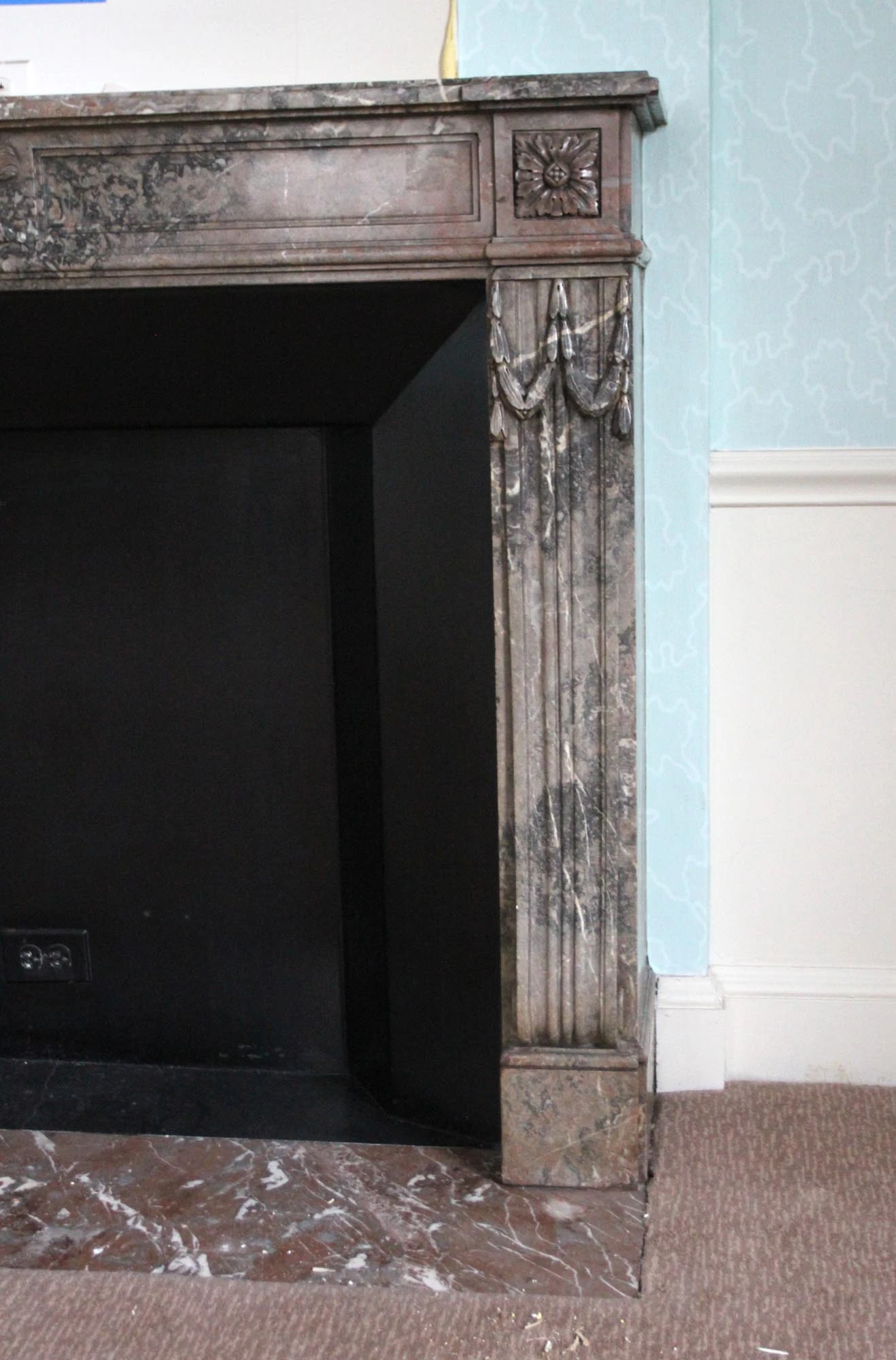 Waldorf Astoria Louis XVI Regency Brown Carved Marble Mantel 11 Waldorf Astoria Louis XVI Regency Brown Carved Marble Mantel - Image 9